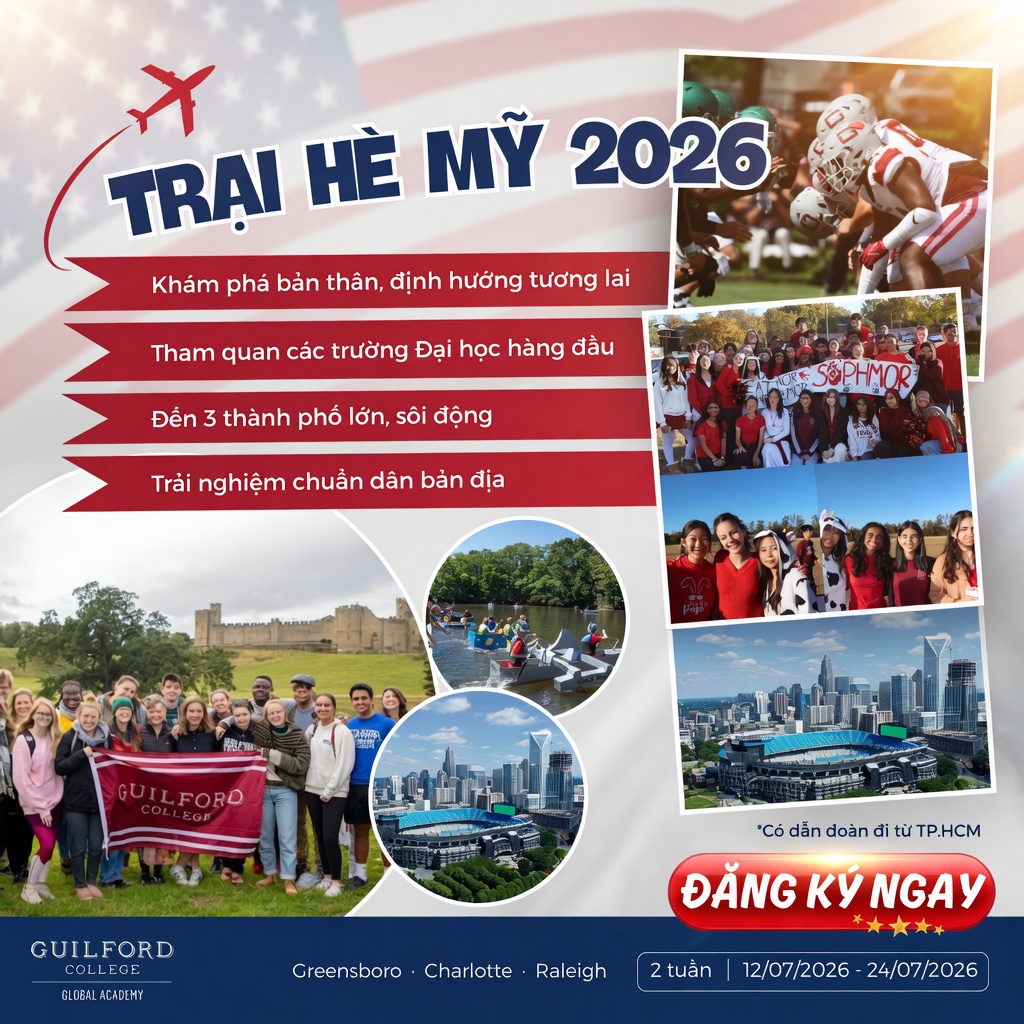Trại Hè Mỹ 2026 Tại Đại Học Guilford | 2 Tuần Trải Nghiệm Du Học Mỹ Thực Tế Trại Hè Mỹ 2026 Tại Đại Học Guilford | 2 Tuần Trải Nghiệm Du Học Mỹ Thực Tế